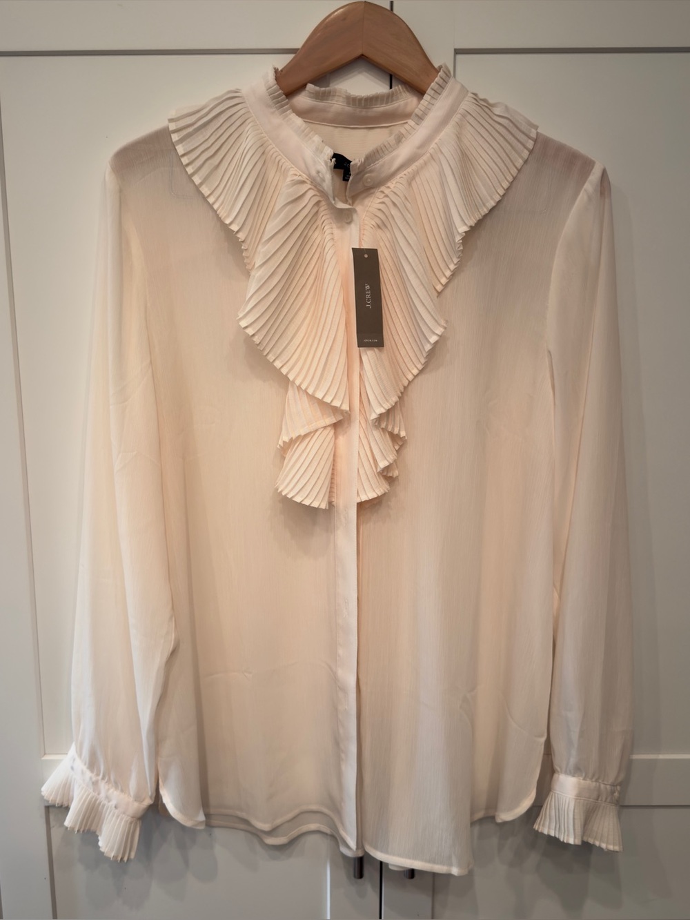 NWT J.Crew Pleated Ruffle Front Blouse Cream Sheer Size 16